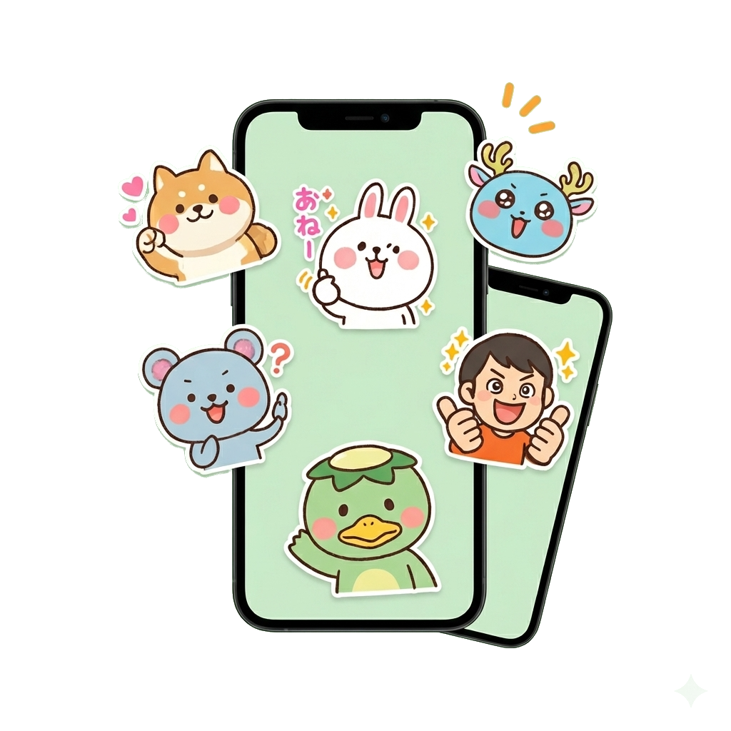 スマートフォンと可愛いスタンプキャラクターのイラスト